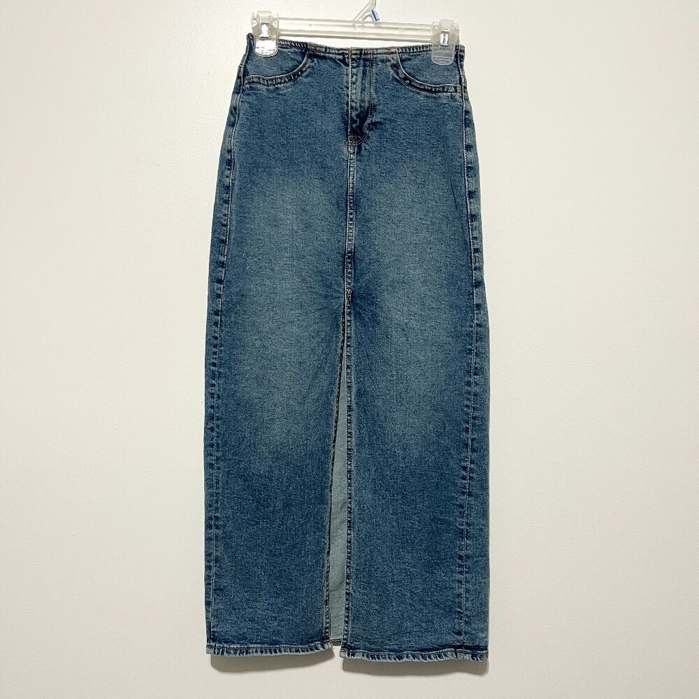 Womens Denim Maxi Skirt 0 Western Cowgirl Ranch Rodeo Boho High Front Slit H&M
